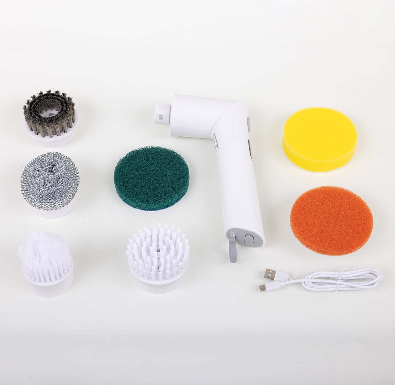 Tiron Hand Scrubber cordless electric cleaning tool with multiple brush and sponge attachments and USB charging cable