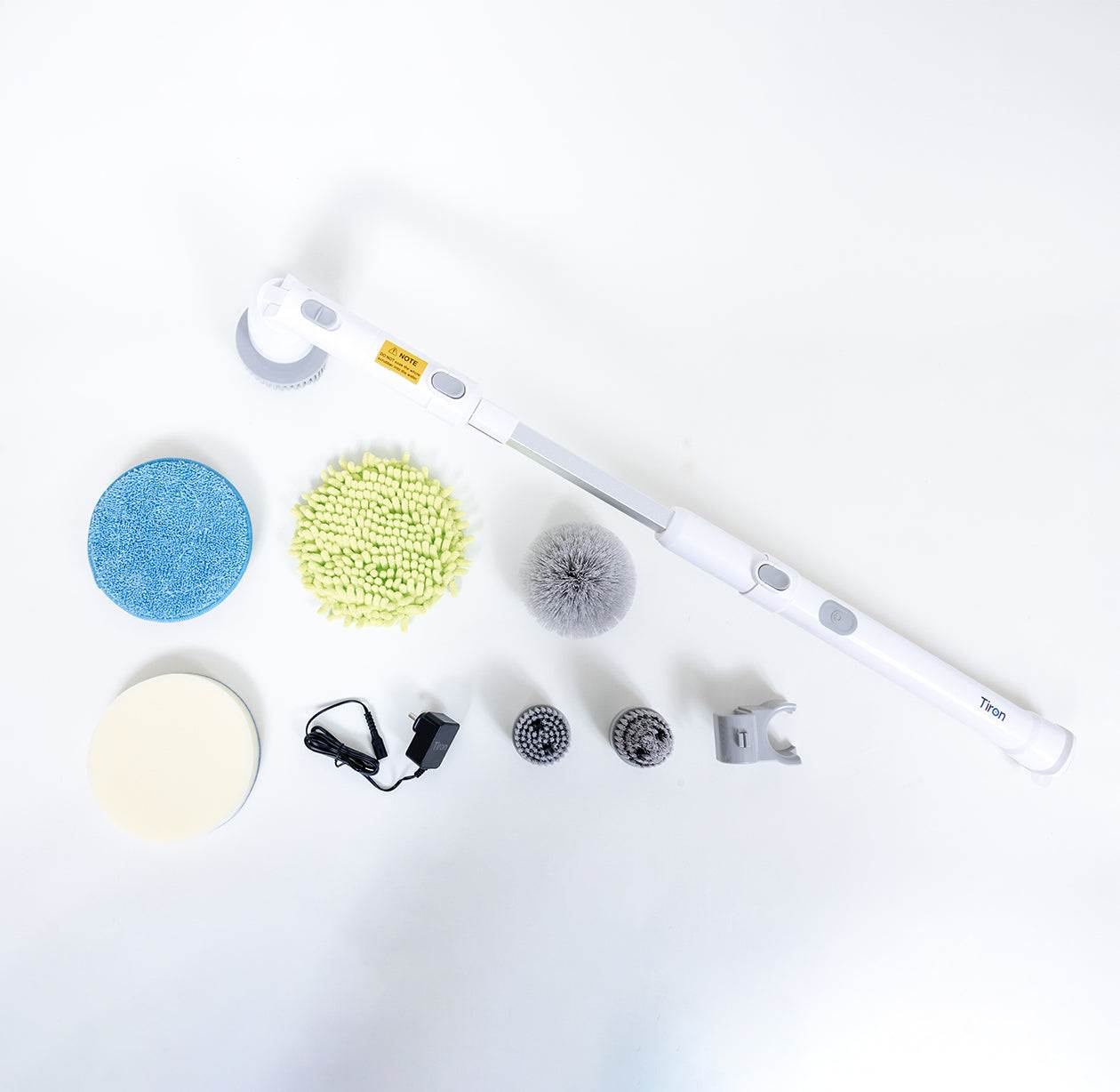 TLS - Tiron Long Handle Scrubber cordless electric spin scrubber with multiple cleaning brush heads and charger on white background