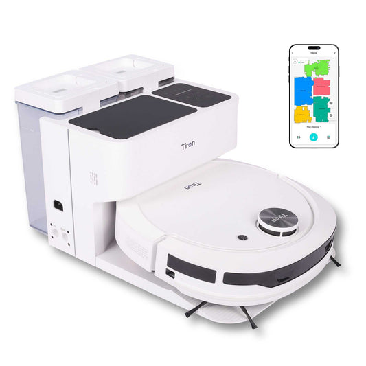 Tiron TRV 40 Pro robotic vacuum with roller mop and auto wash station alongside smartphone app interface