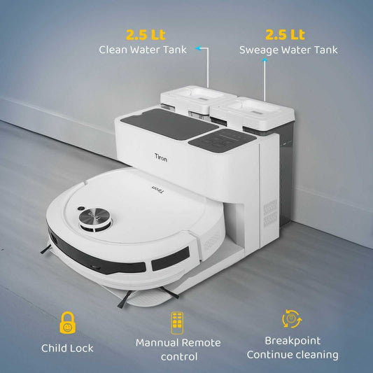Tiron TRV 40 Pro robot vacuum with dual 2.5L water tanks, child lock, manual remote control, and breakpoint continue cleaning features