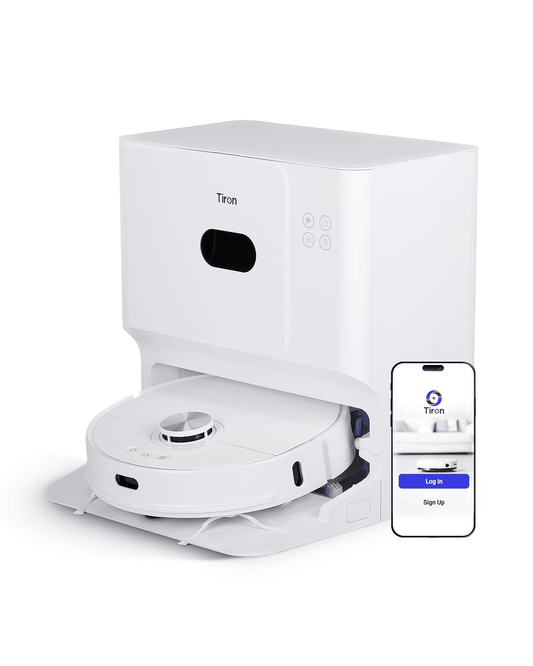 TIRON TRV 30 Max robotic vacuum with dual spin mops and self-emptying dust collector cleaning floors efficiently