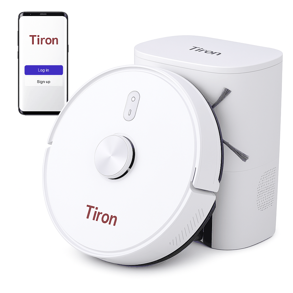 Tiron TRV 30 S robot vacuum with Super Spin Mop, 360° LiDAR, 10,000Pa suction, 5200mAh battery, and smartphone app.