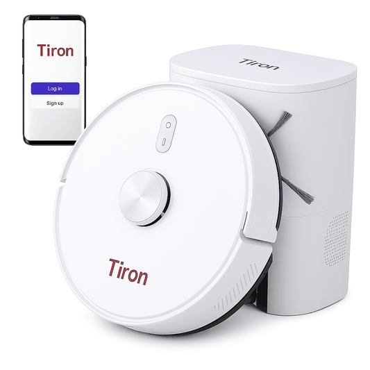 Tiron TRV 30 S robot vacuum with Super Spin Mop, 360° LiDAR, 10,000Pa suction, 5200mAh battery, and smartphone app.