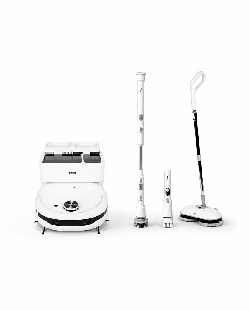TIRON TRV 40 Pro advanced robotic vacuum alongside TLS hand scrubber, THS long scrubber, and TFM floor mopper in luxury home cleaning combo