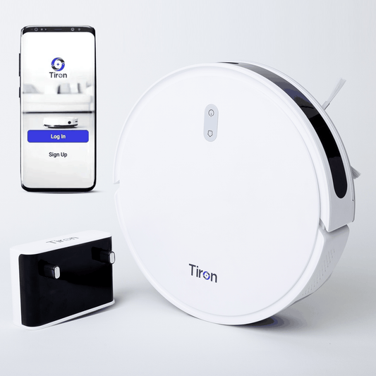TRV 10P Tiron Point Laser Robotic Vacuum Cleaner with white round design, charging dock, and smartphone app displaying login screen