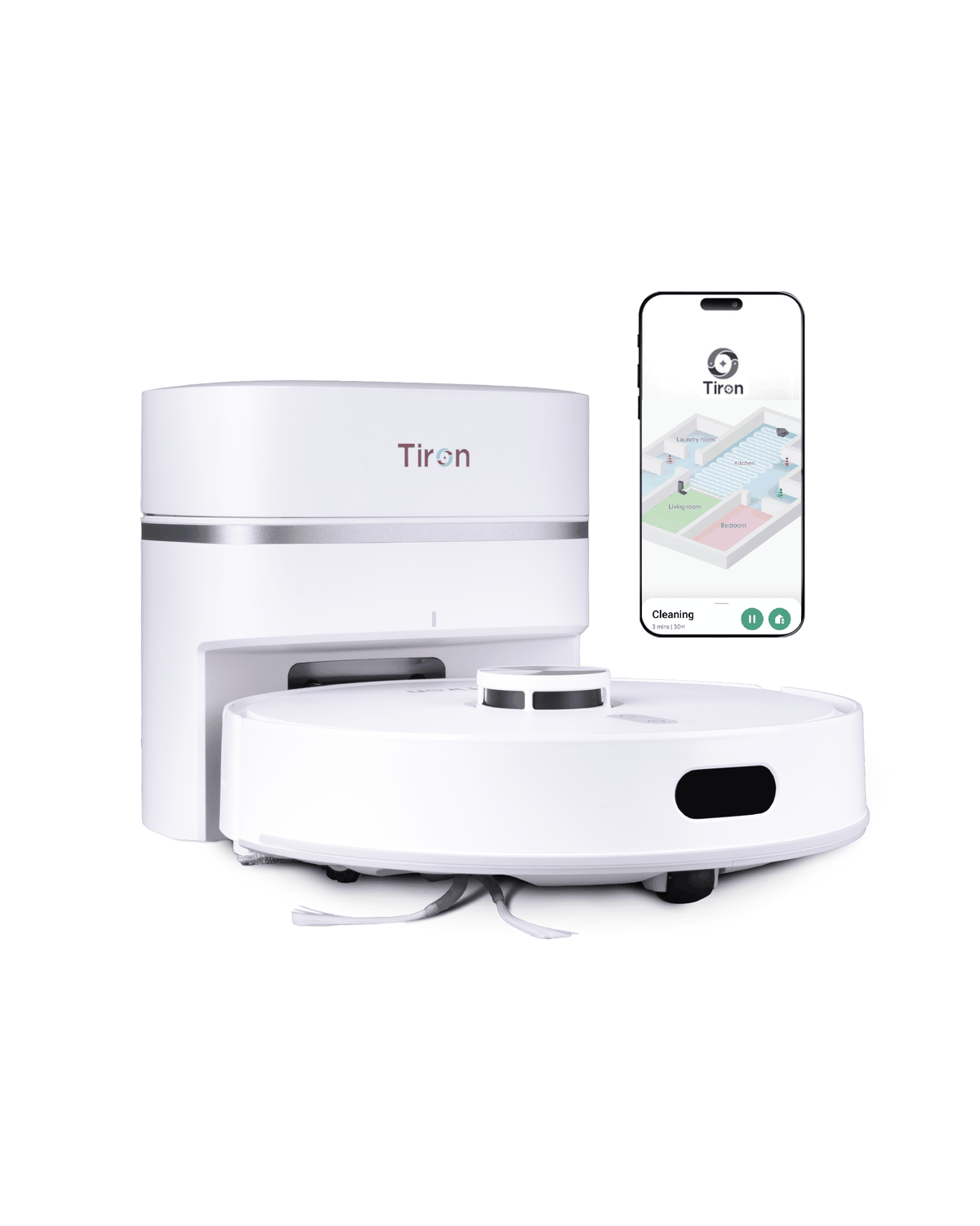 TIRON TRV 20 Max Plus white robotic vacuum with matching self-empty station and smartphone mapping display