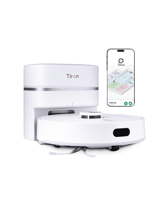 TIRON TRV 20 Max Plus white robotic vacuum with matching self-empty station and smartphone mapping display
