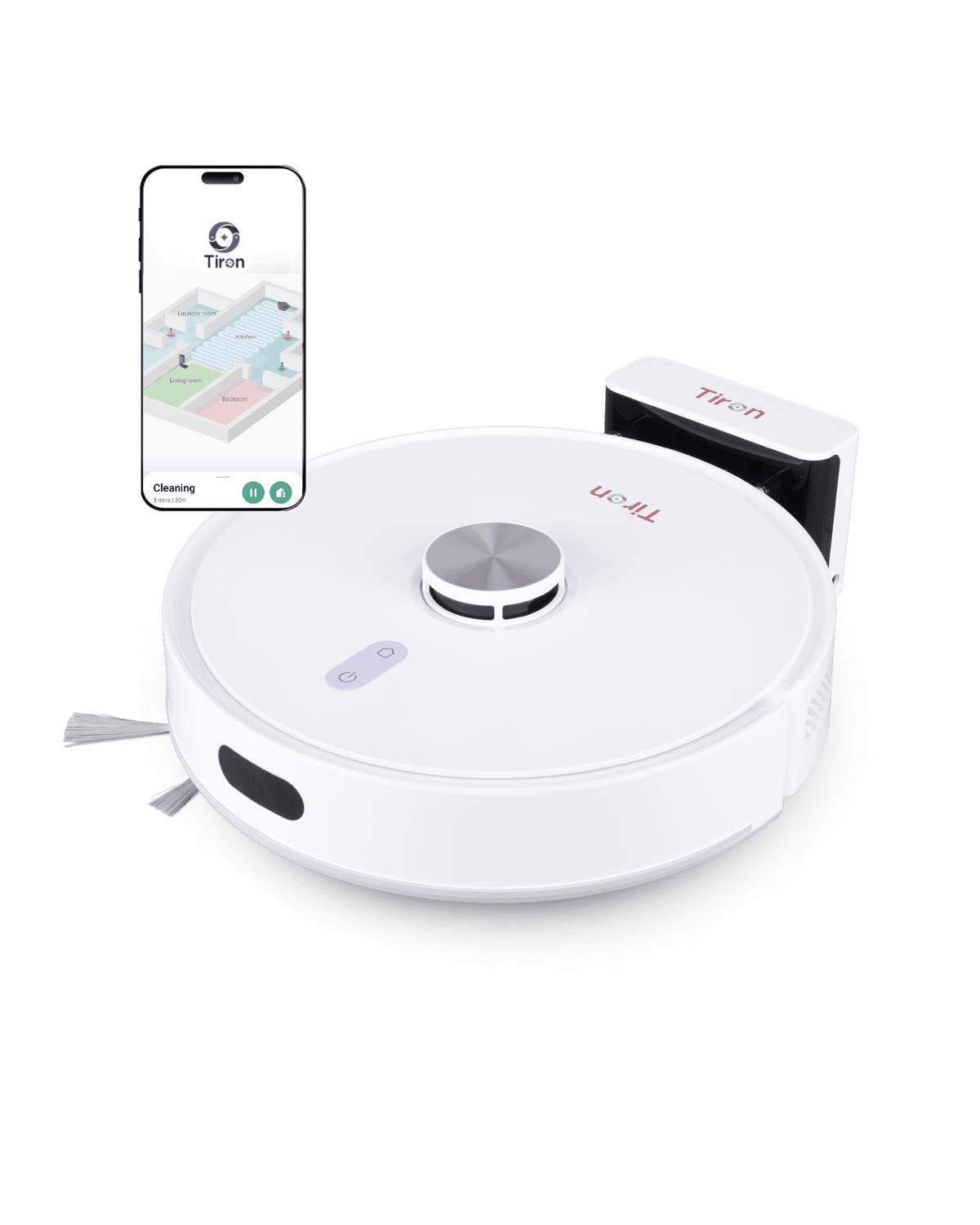 TIRON TRV 20 Plus white robotic vacuum cleaner with raised lidar sensor, charging dock, and side brushes