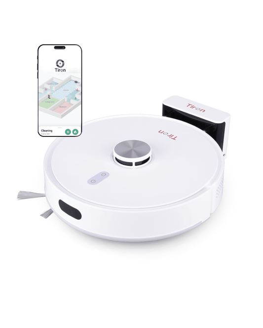 TIRON TRV 20 Plus white robotic vacuum cleaner with raised lidar sensor, charging dock, and side brushes
