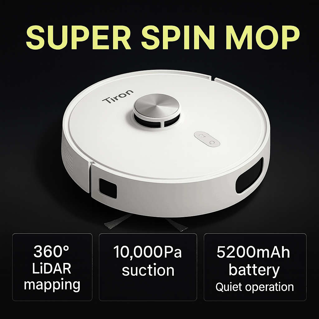 Tiron TRV 30 S robot vacuum with super spin mop, 360° LiDAR mapping, 10,000Pa suction, and 5200mAh battery for quiet, deep cleaning.