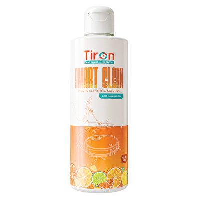 Tiron Floor Cleaning Solution in a white bottle with an orange citrus-themed label and robot vacuum illustrations.
